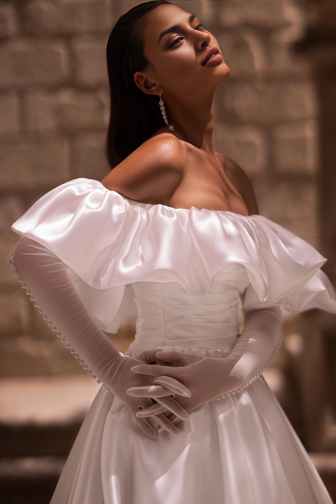 Off-Shoulder Satin Wedding Gown with Corset and Train White Bridal Dress