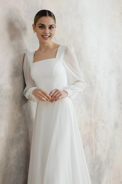 Simple Wedding Dress With Square Neckline Long Sleeves Elegant Wedding Dress