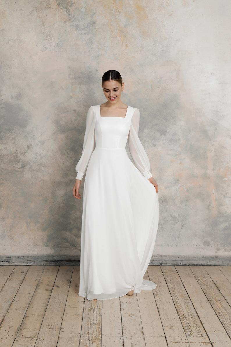 Simple Wedding Dress With Square Neckline Long Sleeves Elegant Wedding Dress