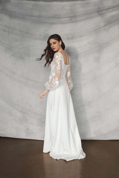 Square Neck Wedding Dress With Puff Sleeves Flower Lace A Line Wedding Dress