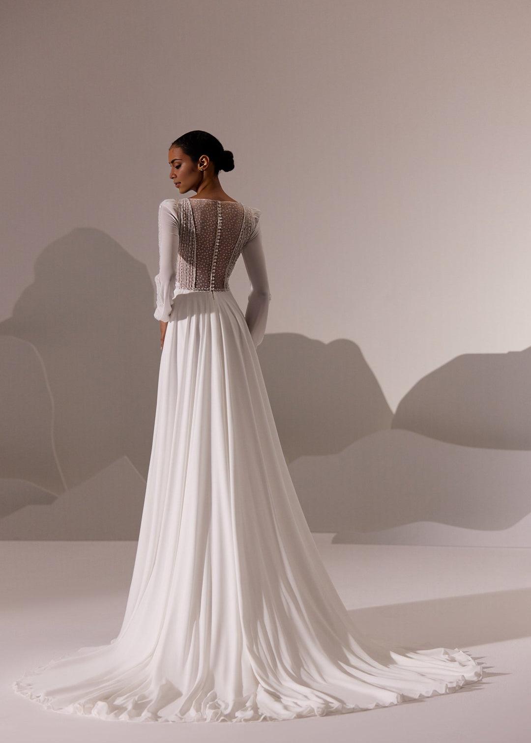 White Floral Embellished Strapless Wedding Gown with 3D Flower Appliqués and Train