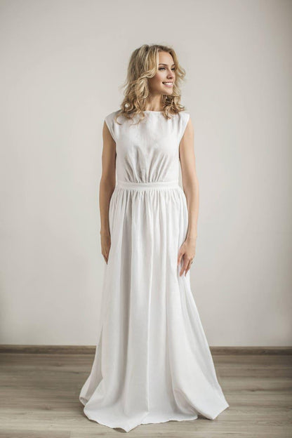 Linen Grecian Wedding Dress Elegant Boat Neck Bridal Dress Minimalist Wedding Gown Simple A -Line Wedding Dress Modest Bride Dress