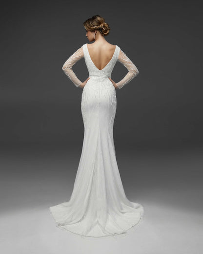Elegant Mermaid Bridal Gown Backless With Long Sleeves Luxury Bridal Gown Custom Wedding Dresses Dainty V Neck Bridal Dress With Train