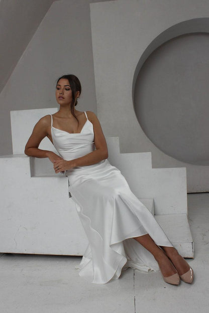 French Crep Wedding Dress With Cowl Neck For Special Occasion Elopement Dress With Low Cowl Back Rehearsal Dinner Backless Simple Crep Dress