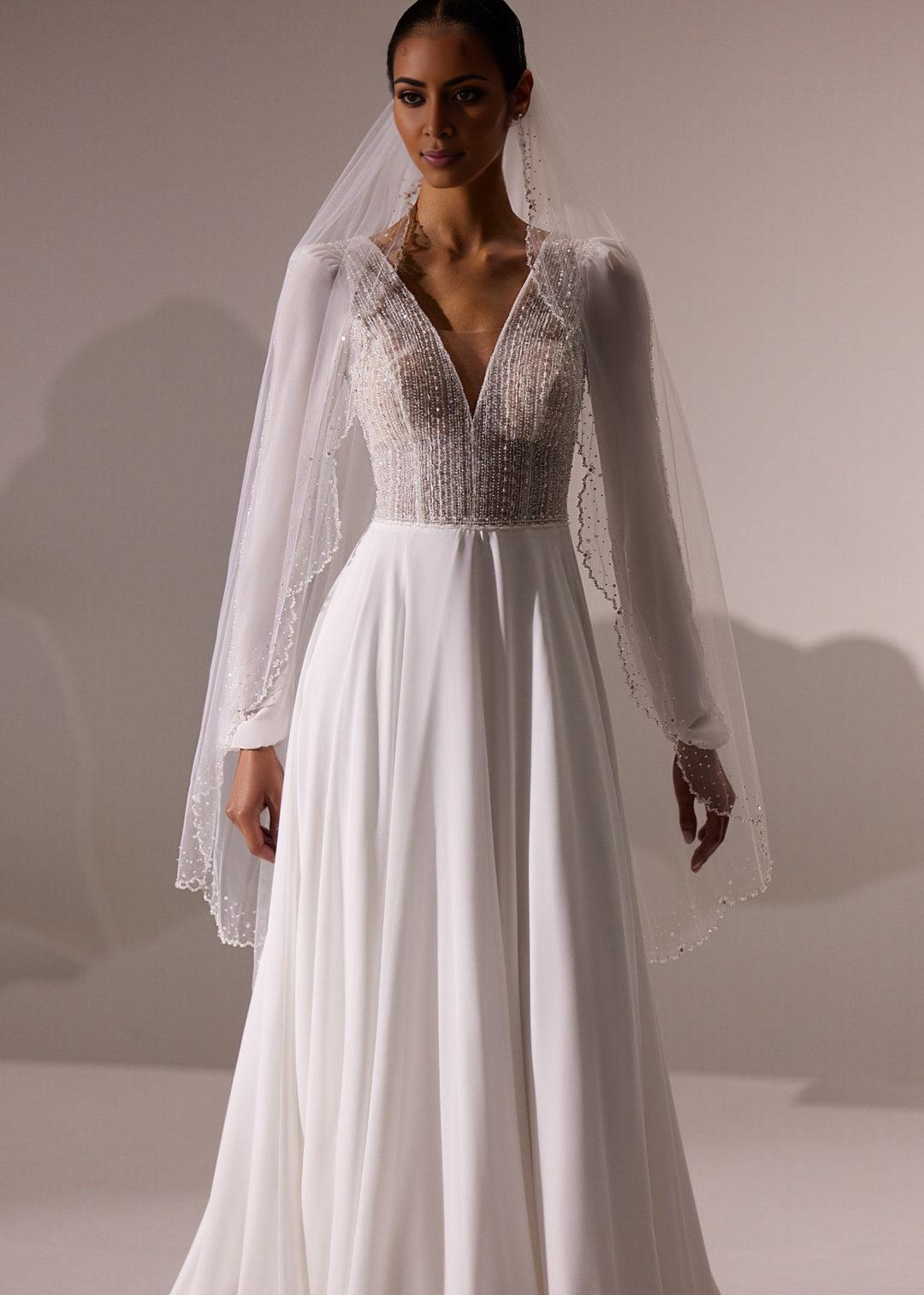 White Floral Embellished Strapless Wedding Gown with 3D Flower Appliqués and Train