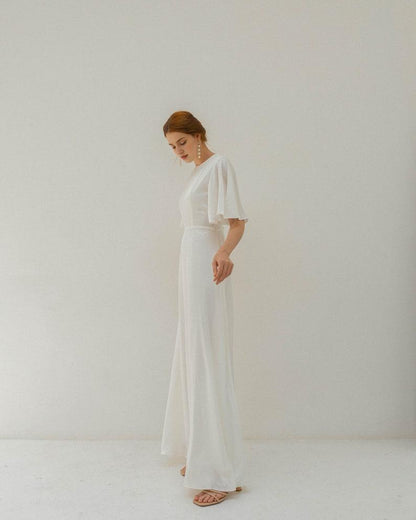 Floor Length Dress Satin Wedding Dress Flutter Sleeves Dress