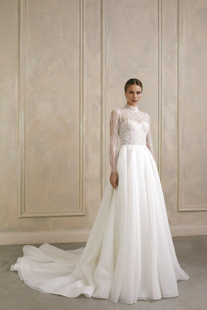 High Neck Modest Wedding Dress Long Sleeve Wedding Dress Embroidered Wedding Gown Lace Wedding Dress A Line Bridal Dress