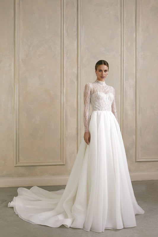 High Neck Modest Wedding Dress Long Sleeve Wedding Dress Embroidered Wedding Gown Lace Wedding Dress A Line Bridal Dress