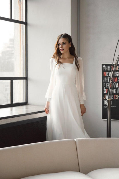 BeautifulSquare neck White wedding dress with sleeves