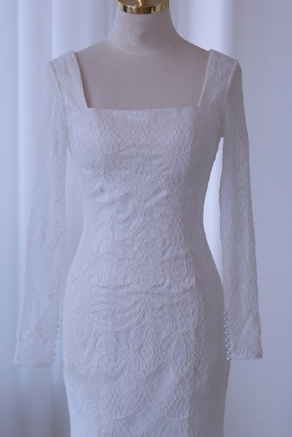 Square neck lace wedding dress with long sleeves fit mermaid bridal dress with small train wedding gown lace bridal dress beach wedding