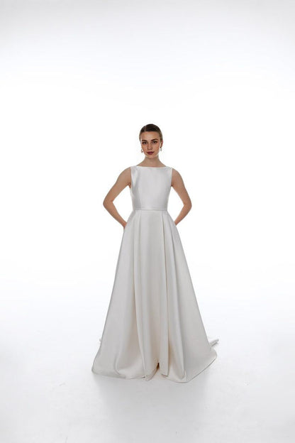 Elegant Satin Wedding Dress With Floral Lace Open Back Simple Wedding Dress A-line Modest Wedding Dress Ballgown Wedding Dress