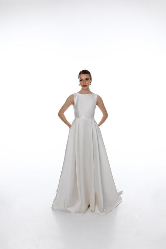 Elegant Satin Wedding Dress With Floral Lace Open Back Simple Wedding Dress A-line Modest Wedding Dress Ballgown Wedding Dress