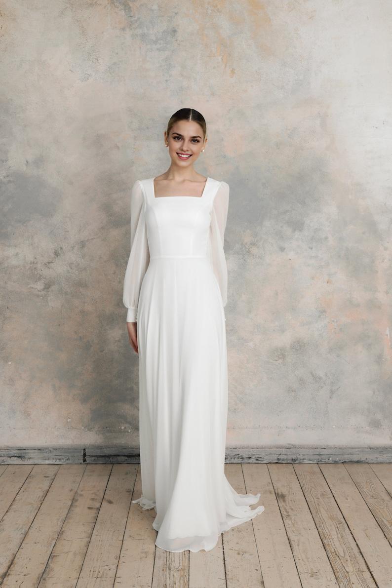 Simple Wedding Dress With Square Neckline Long Sleeves Elegant Wedding Dress