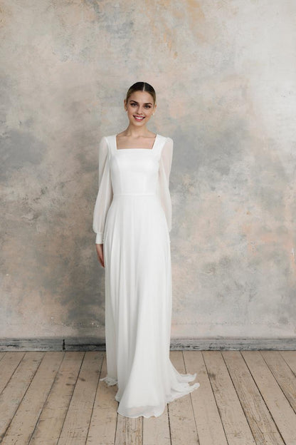 Simple Wedding Dress With Square Neckline Long Sleeves Elegant Wedding Dress