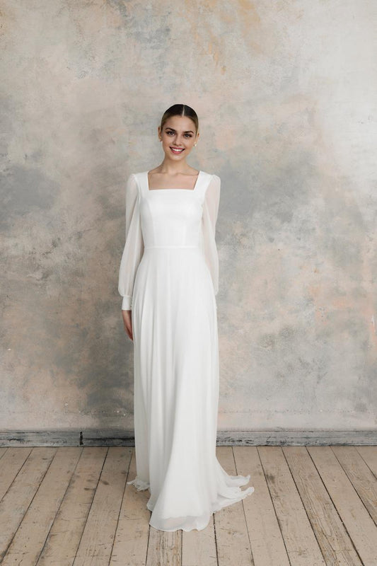 Simple Wedding Dress With Square Neckline Long Sleeves Elegant Wedding Dress