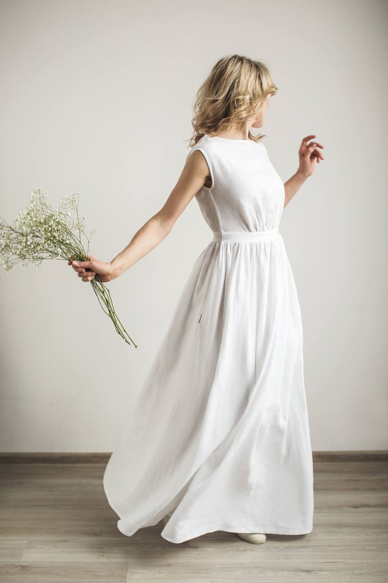 Linen Grecian Wedding Dress Elegant Boat Neck Bridal Dress Minimalist Wedding Gown Simple A -Line Wedding Dress Modest Bride Dress