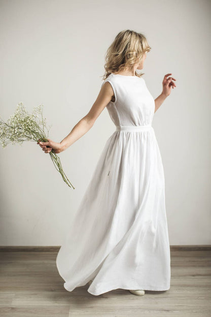 Linen Grecian Wedding Dress Elegant Boat Neck Bridal Dress Minimalist Wedding Gown Simple A -Line Wedding Dress Modest Bride Dress