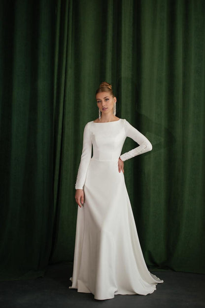 Long sleeve and high back crepe wedding dress Simple winter bridal gown reception dress modern wedding dress
