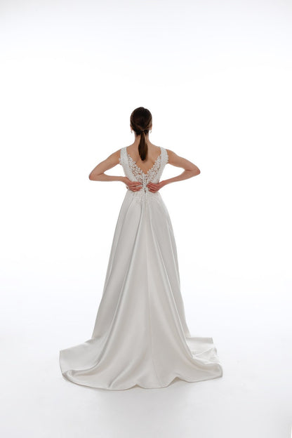 Elegant Satin Wedding Dress With Floral Lace Open Back Simple Wedding Dress A-line Modest Wedding Dress Ballgown Wedding Dress