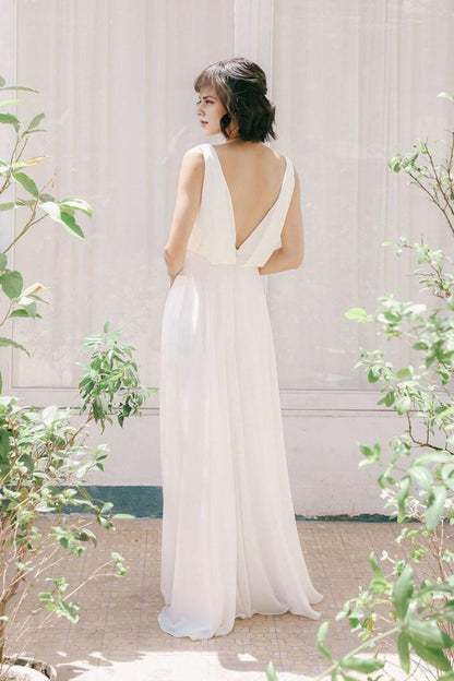 Chiffon Wedding Dress Cowl neck Wedding Dress Flowing Wedding Gown  A-line Dress  Open Back  Floor Length Dress