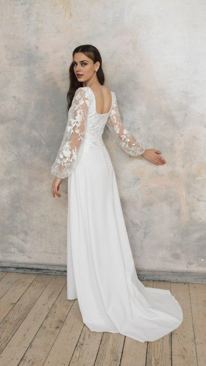 Square Neck Wedding Dress With Puff Sleeves Flower Lace A Line Wedding Dress
