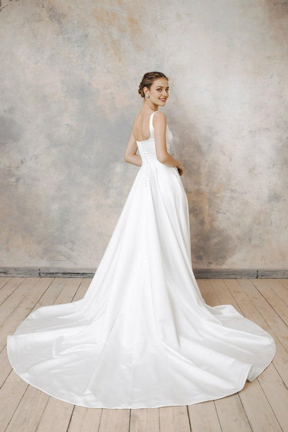 Satin low back wedding dress A-line wedding dress square neck wedding dress Satin wedding dress with pockets