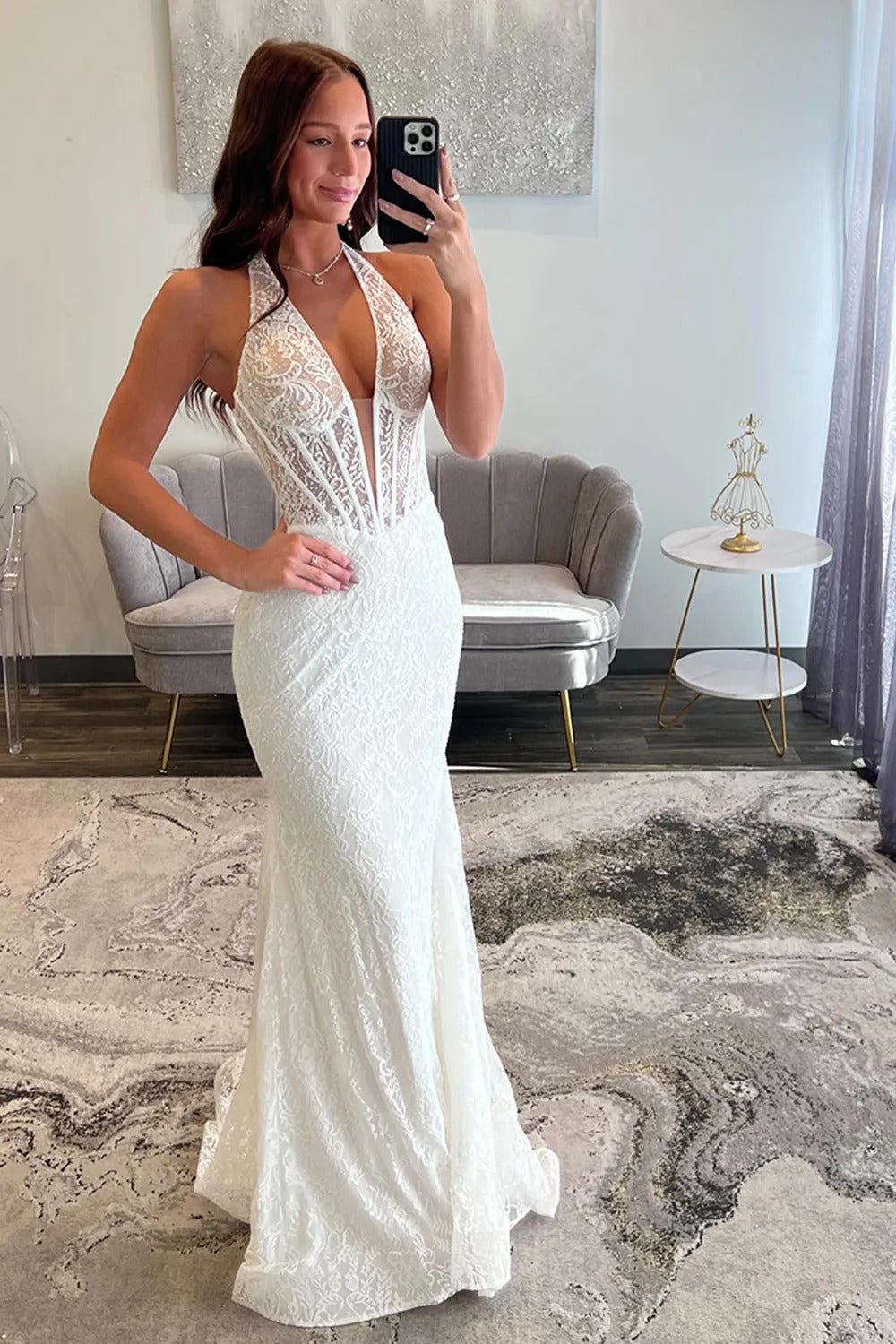 White Lace Halter Mermaid Long Prom Dress
