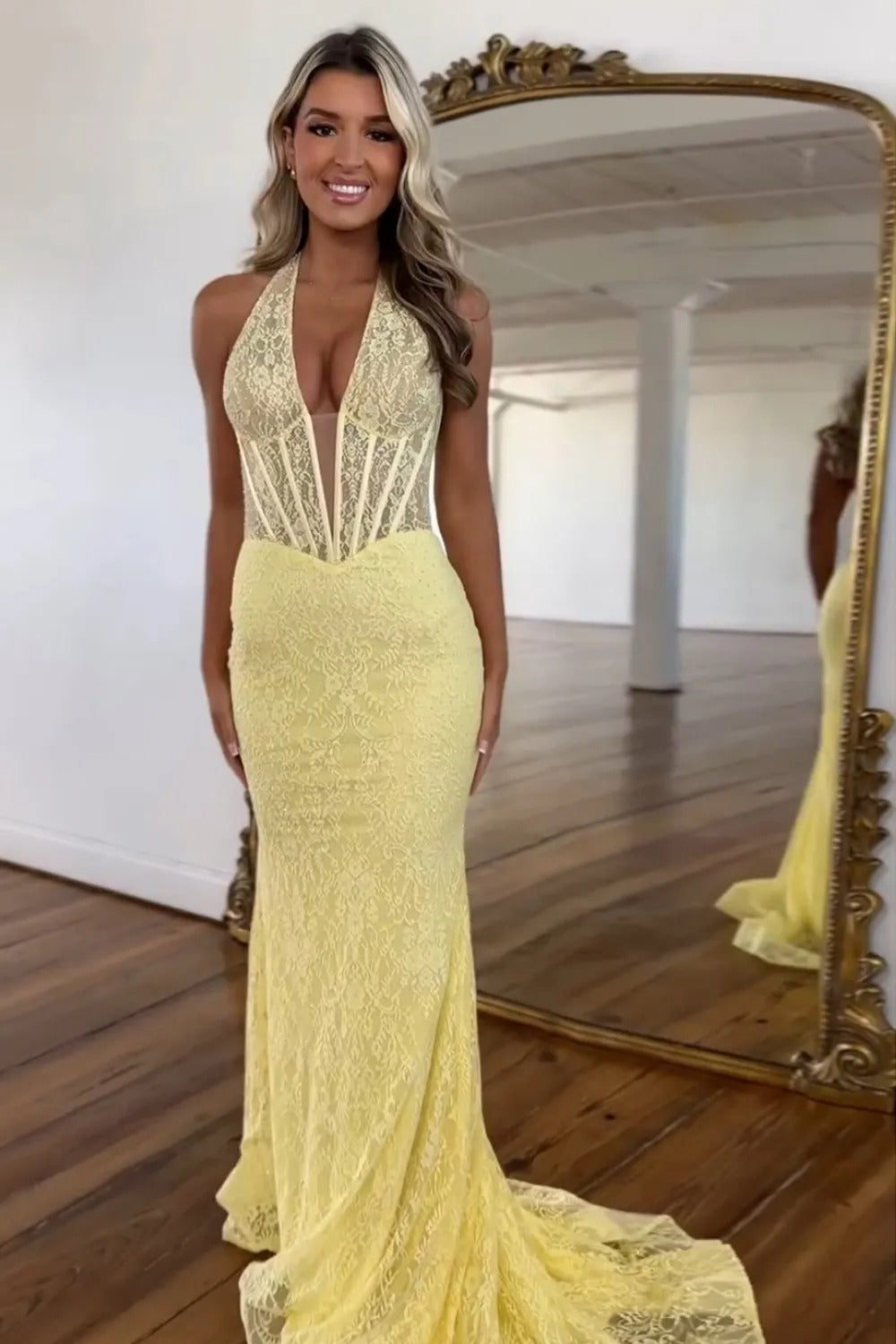 White Lace Halter Mermaid Long Prom Dress