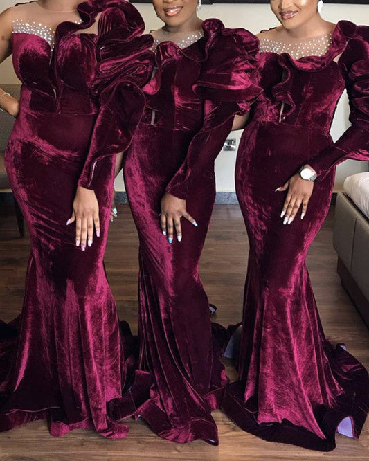 Burgundy Mermaid One Shoulder Velvet Dresses