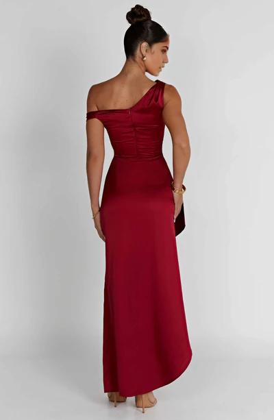 Asymmetric Straps Luxury Bias Cut Satin Long Front Slit Ruffle Detailing Formal Prom Dress
