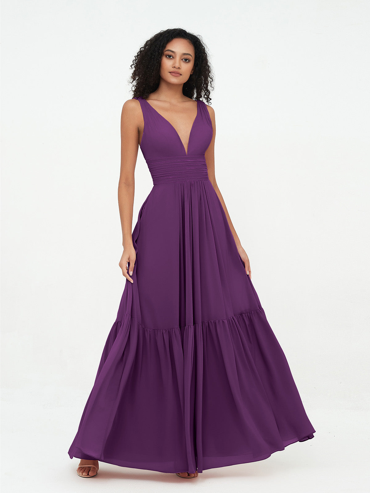 Deep-V Neck Chiffon Tiered Skirt Boho Dresses-Grape