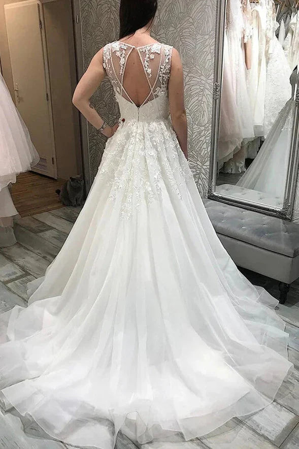 Tulle A-line V-neck Wedding Dresses With Lace Appliques, Bridal Gowns