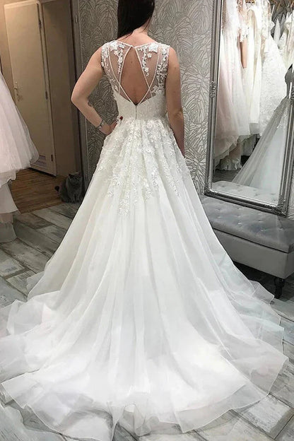 Tulle A-line V-neck Wedding Dresses With Lace Appliques, Bridal Gowns