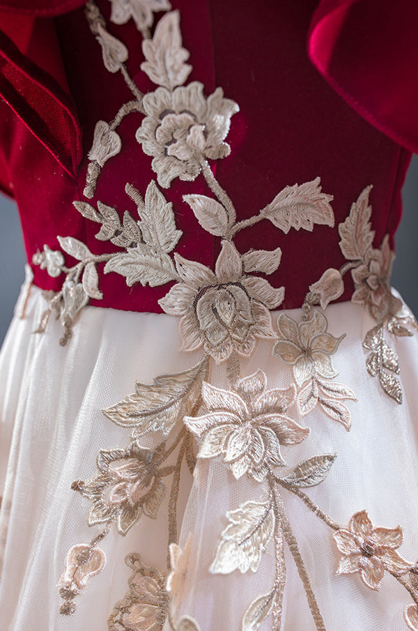 Vintage Red Straps Tulle Formal Dress, Elegant Applique Prom Dress C1683