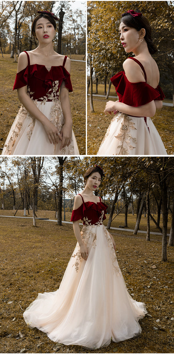 Vintage Red Straps Tulle Formal Dress, Elegant Applique Prom Dress C1683