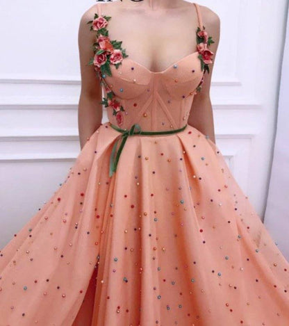 Peach Muslim Evening Dresses A-line Spaghetti Straps Tulle Pearls Islamic Dubai Saudi Arabic Long Formal Evening Gown - RongMoon