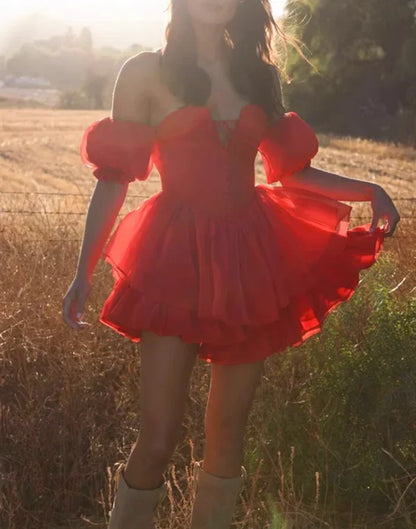 Cute Red Off-the-shoulder Short A-Line Party Dress Cocktail Dress Homecoming Dress HZ1024