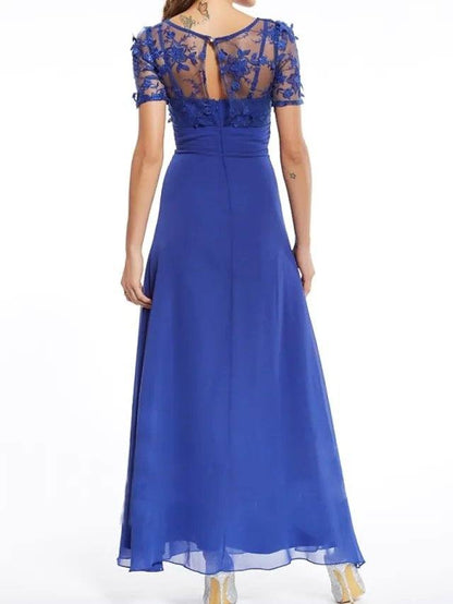 A-Line Mother of the Bride Dress Elegant Illusion Neck Jewel Neck Floor Length Chiffon Lace Short Sleeve with Appliques Ruching - RongMoon