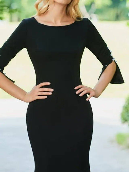 Sheath / Column Mother of the Bride Dress Elegant Jewel Neck Floor Length Stretch Fabric Half Sleeve with Beading - RongMoon