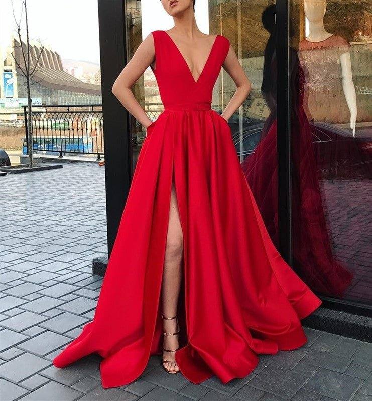 Plunge V-neck Long Satin Red Prom Dress Leg Split Evening Gowns - RongMoon