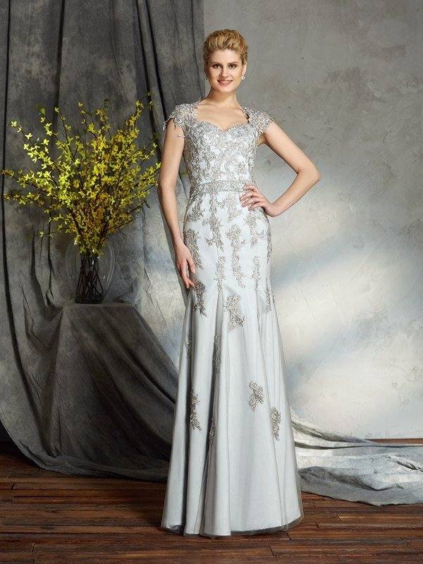 Sheath/Column Sweetheart Applique Sleeveless Long Satin Mother of the Bride Dresses - RongMoon