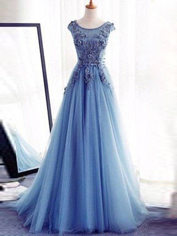 Ball Gown Sleeveless Jewel Sweep/Brush Train Applique Tulle Dresses - RongMoon