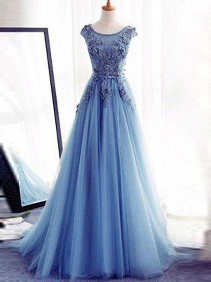 Ball Gown Sleeveless Jewel Sweep/Brush Train Applique Tulle Dresses - RongMoon