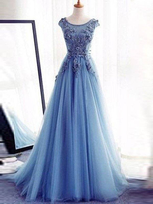 Ball Gown Sleeveless Jewel Sweep/Brush Train Applique Tulle Dresses - RongMoon