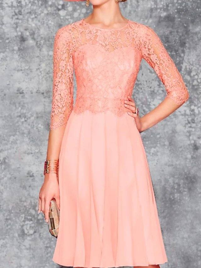 Two Piece A-Line Mother of the Bride Dress Elegant Jewel Neck Knee Length Chiffon 3/4 Length Sleeve with Pleats Embroidery - RongMoon