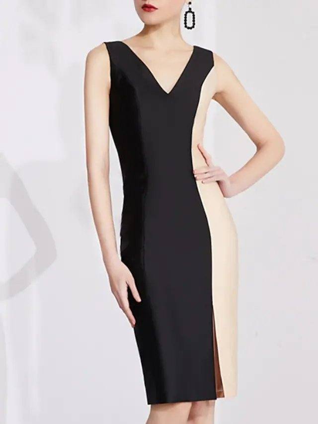 Sheath / Column Mother of the Bride Dress Elegant Jewel Neck Knee Length Stretch Fabric Sleeveless with Beading Color Block - RongMoon