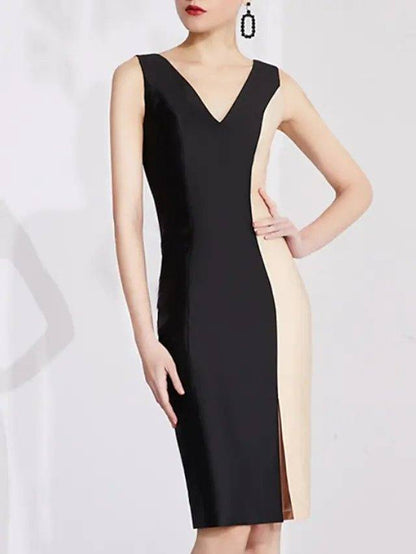 Sheath / Column Mother of the Bride Dress Elegant Jewel Neck Knee Length Stretch Fabric Sleeveless with Beading Color Block - RongMoon