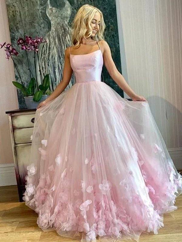 A-Line/Princess Bateau Tulle Applique Floor-Length Sleeveless Dresses - RongMoon