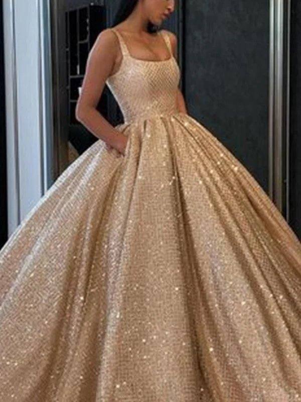 Ball Gown Ruffles Square Sleeveless Floor-Length Dresses - RongMoon