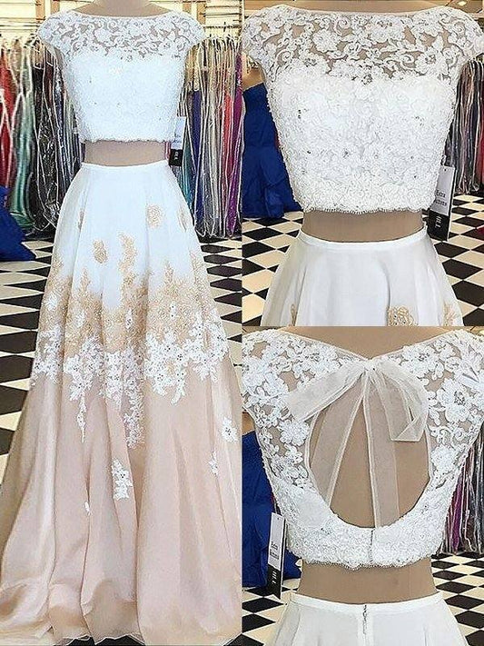 A-Line/Princess Sleeveless Bateau Chiffon Lace Floor-Length Two Piece Dresses - RongMoon